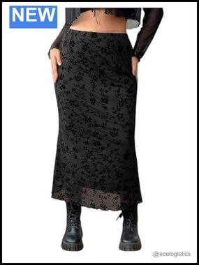Plus Size Floral Mesh Fishtail Long Skirt High Waist Y2k Bodycon